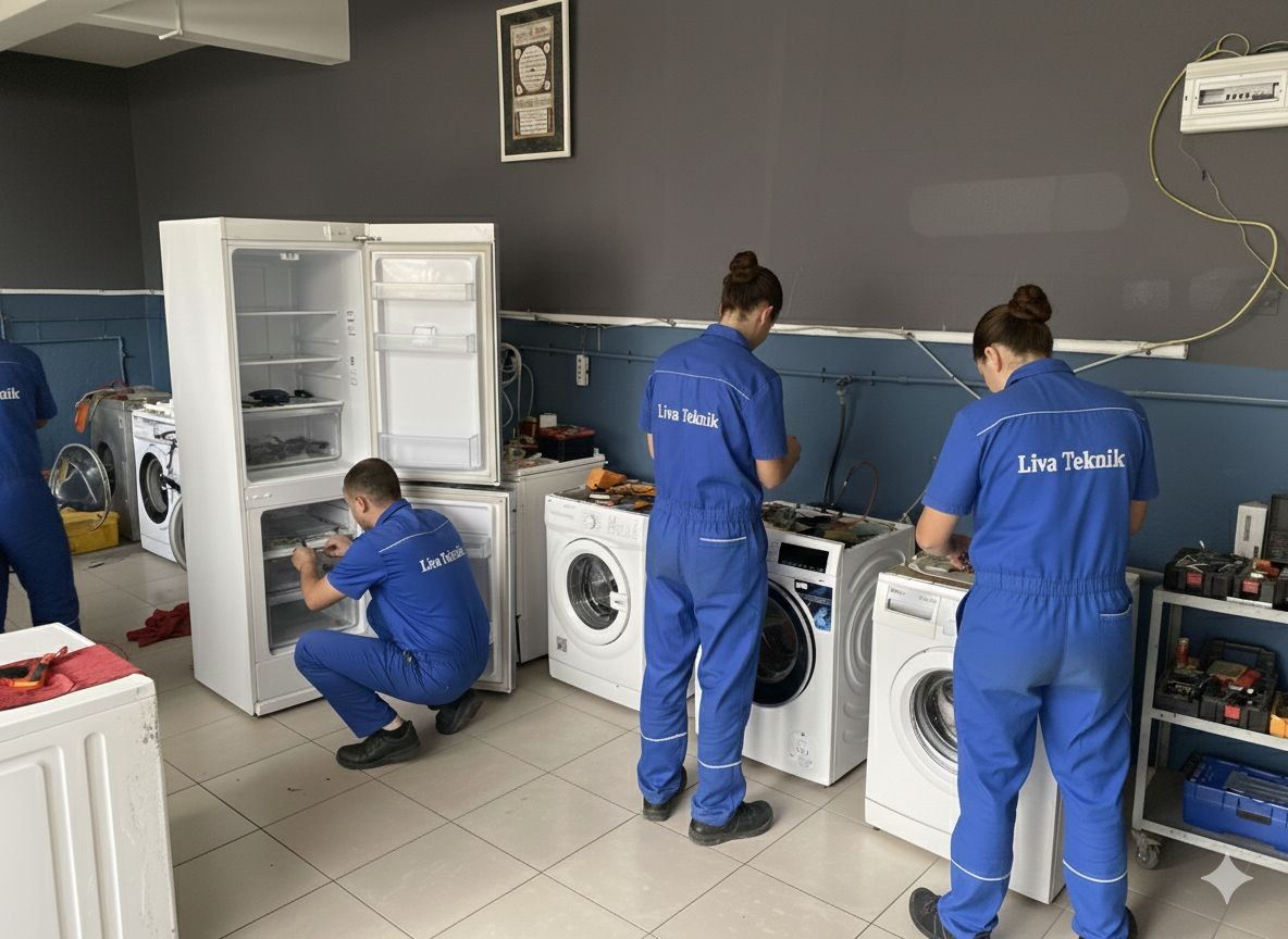 Liva Teknik ustaları atölyede beyaz eşya tamiri yaparken